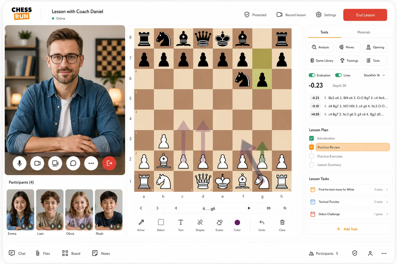 Online lesson with video and chess board in Chess.Run