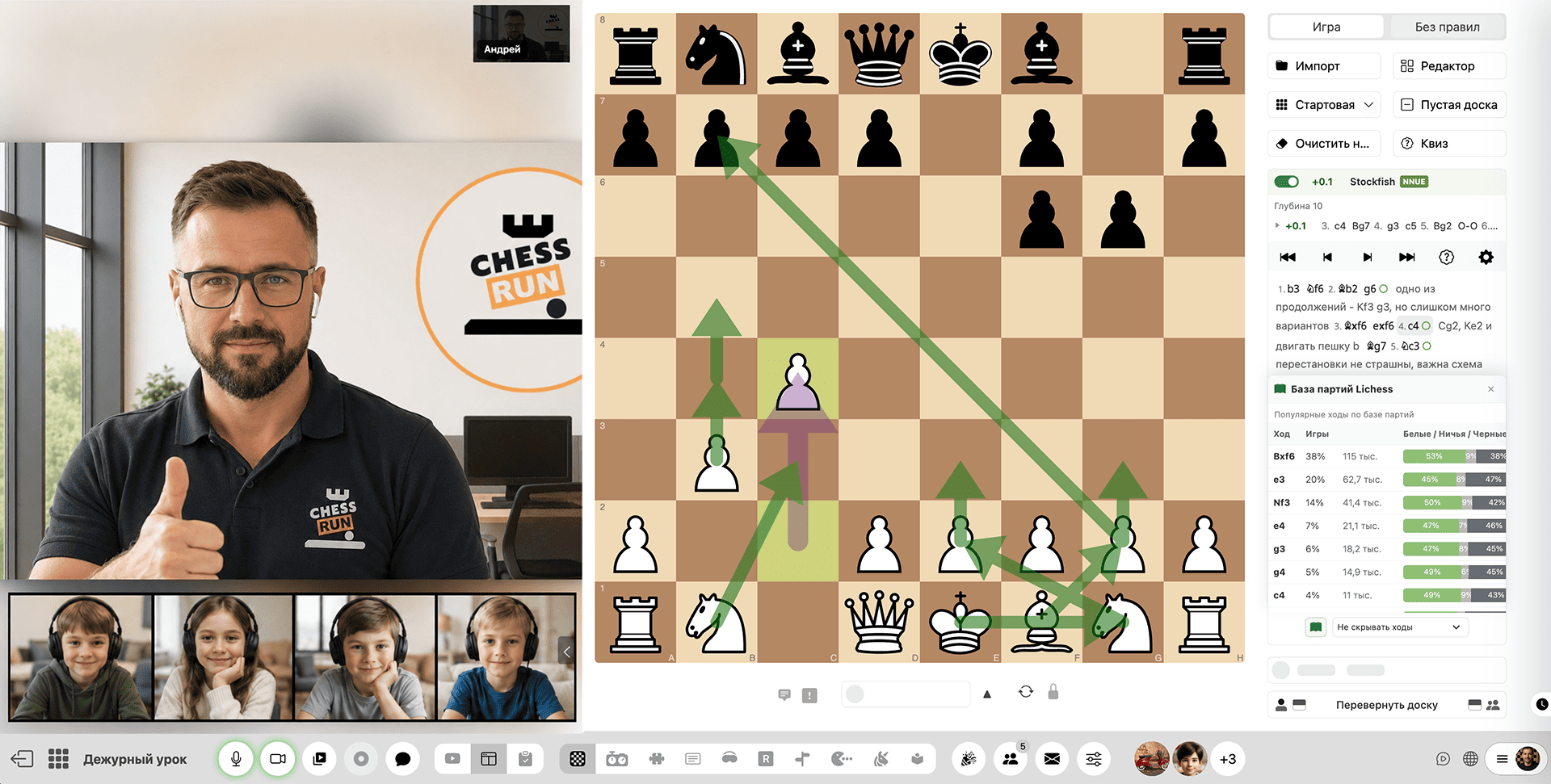 Рабочая комната шахматного онлайн-урока в Chess.Run
