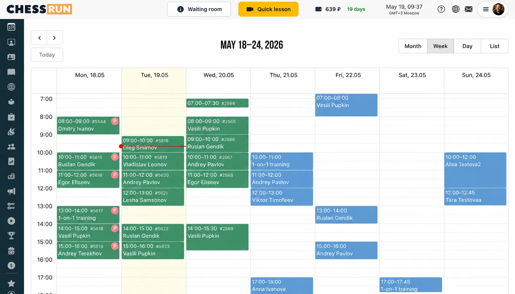 Chess coach schedule in Chess.Run